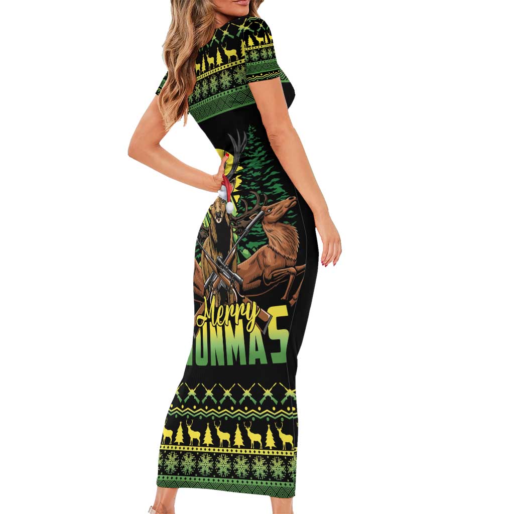 Merry Hunmas Short Sleeve Bodycon Dress Hunter Deer Santa Hat - Wonder Print Shop