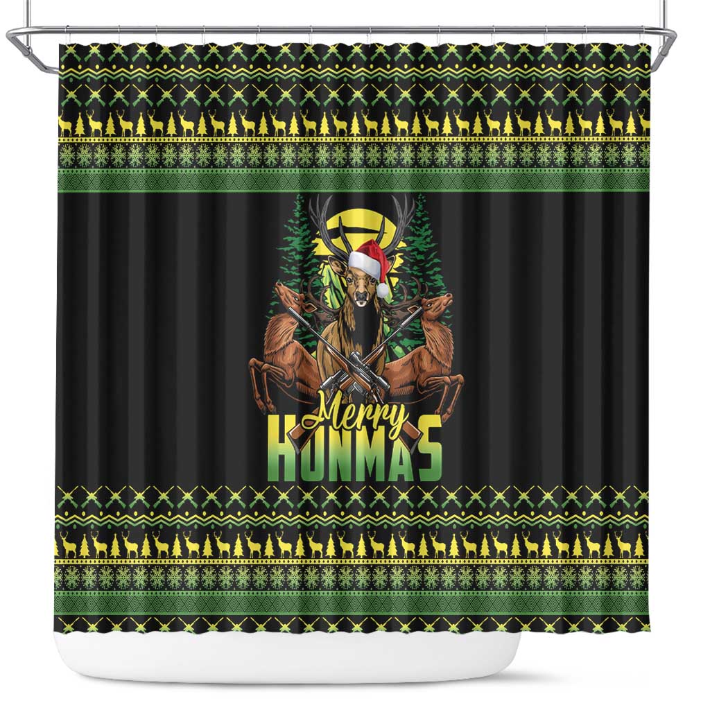Merry Hunmas Shower Curtain Hunter Deer Santa Hat - Wonder Print Shop
