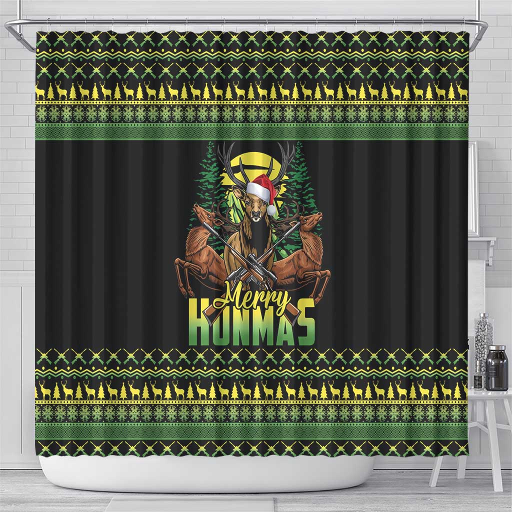 Merry Hunmas Shower Curtain Hunter Deer Santa Hat - Wonder Print Shop