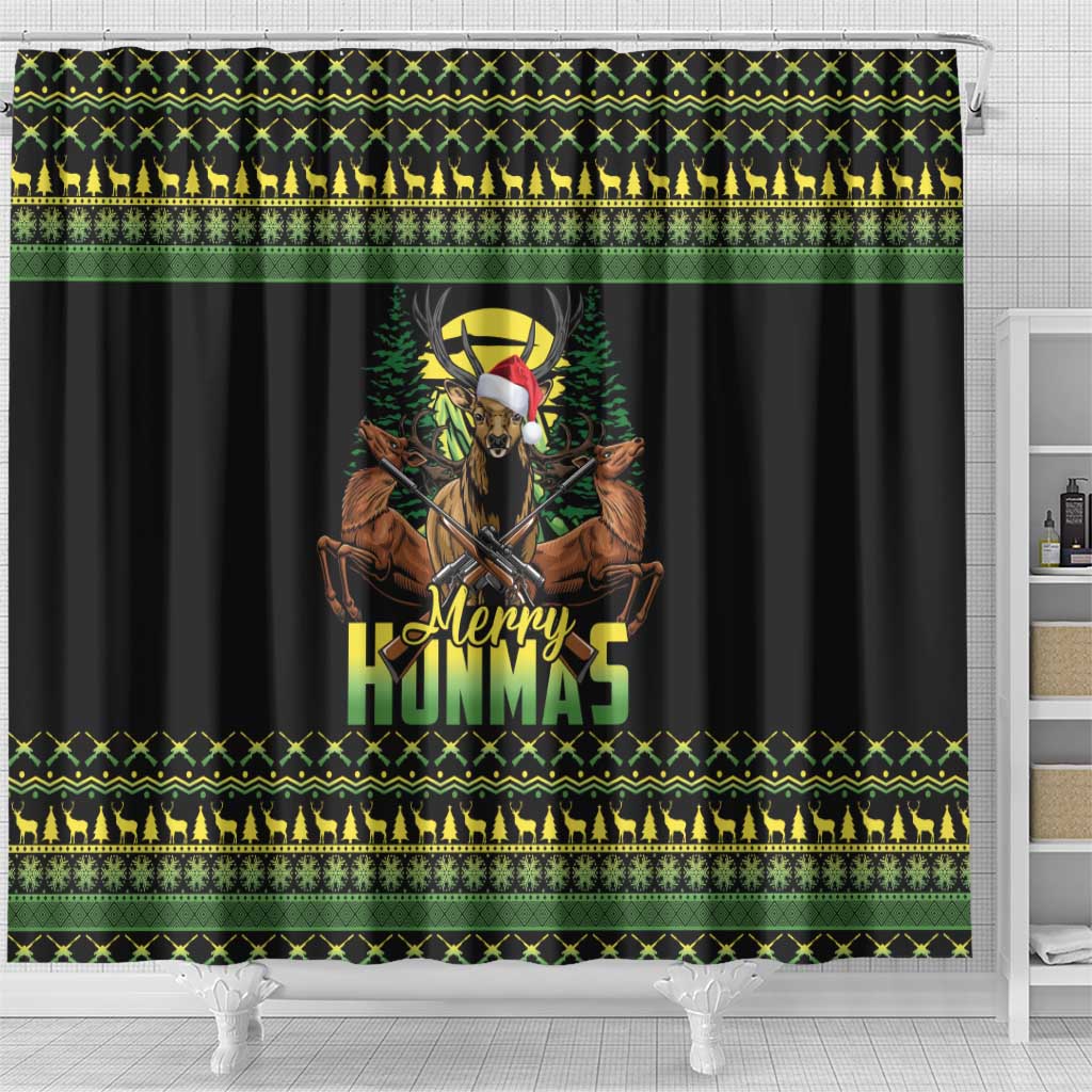 Merry Hunmas Shower Curtain Hunter Deer Santa Hat - Wonder Print Shop