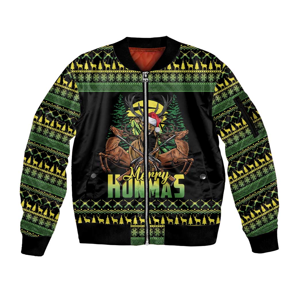 Merry Hunmas Sleeve Zip Bomber Jacket Hunter Deer Santa Hat - Wonder Print Shop