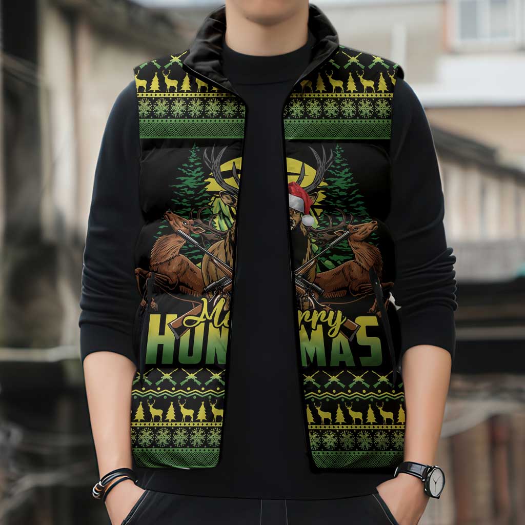 Merry Hunmas Sleeveless Puffer Jacket Hunter Deer Santa Hat - Wonder Print Shop