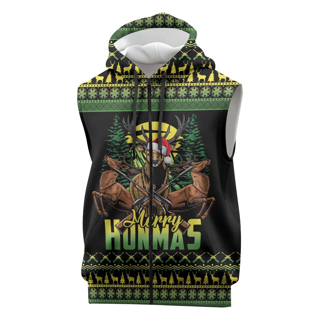 Merry Hunmas Sleeveless Zip Hoodie Hunter Deer Santa Hat - Wonder Print Shop