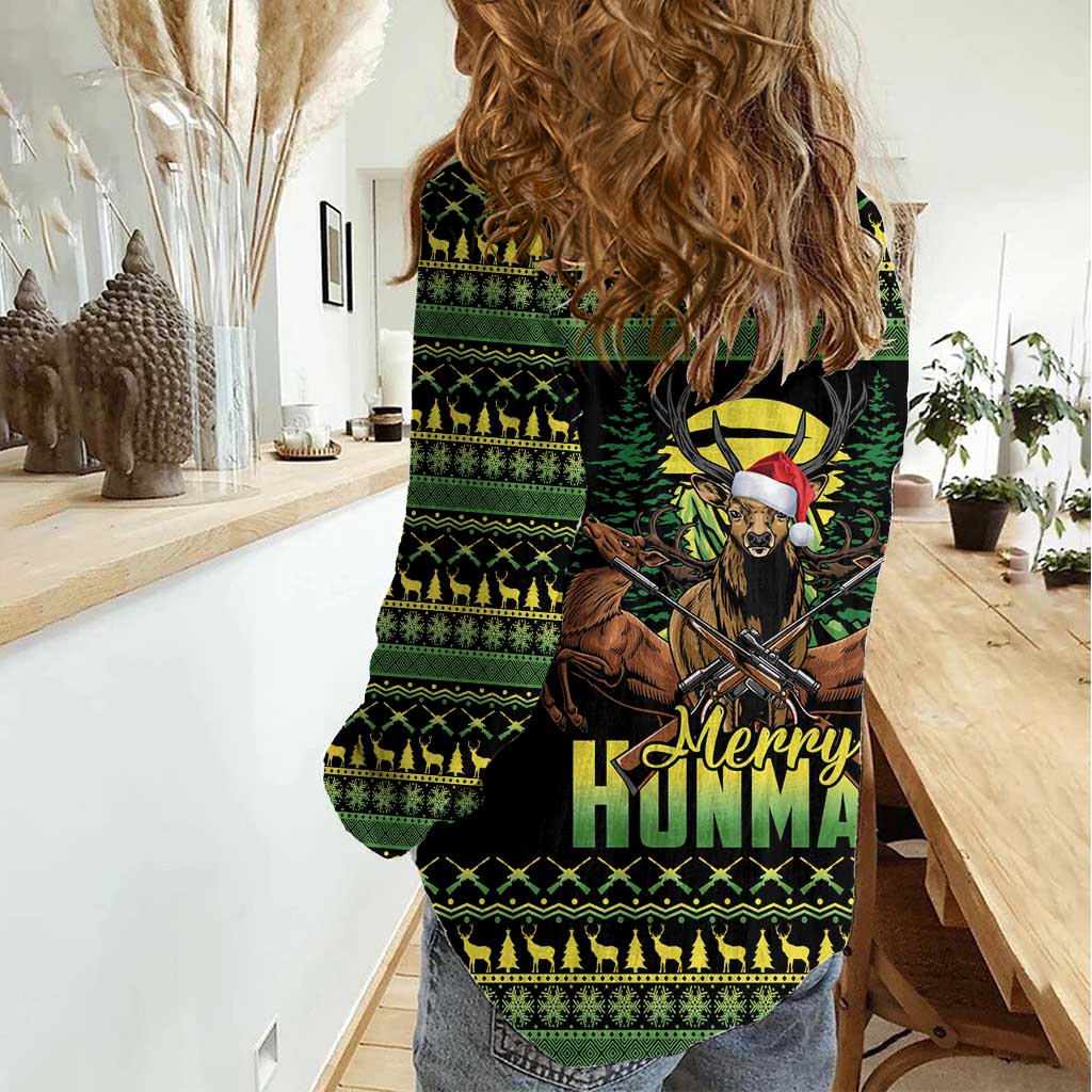 Merry Hunmas Women Casual Shirt Hunter Deer Santa Hat - Wonder Print Shop