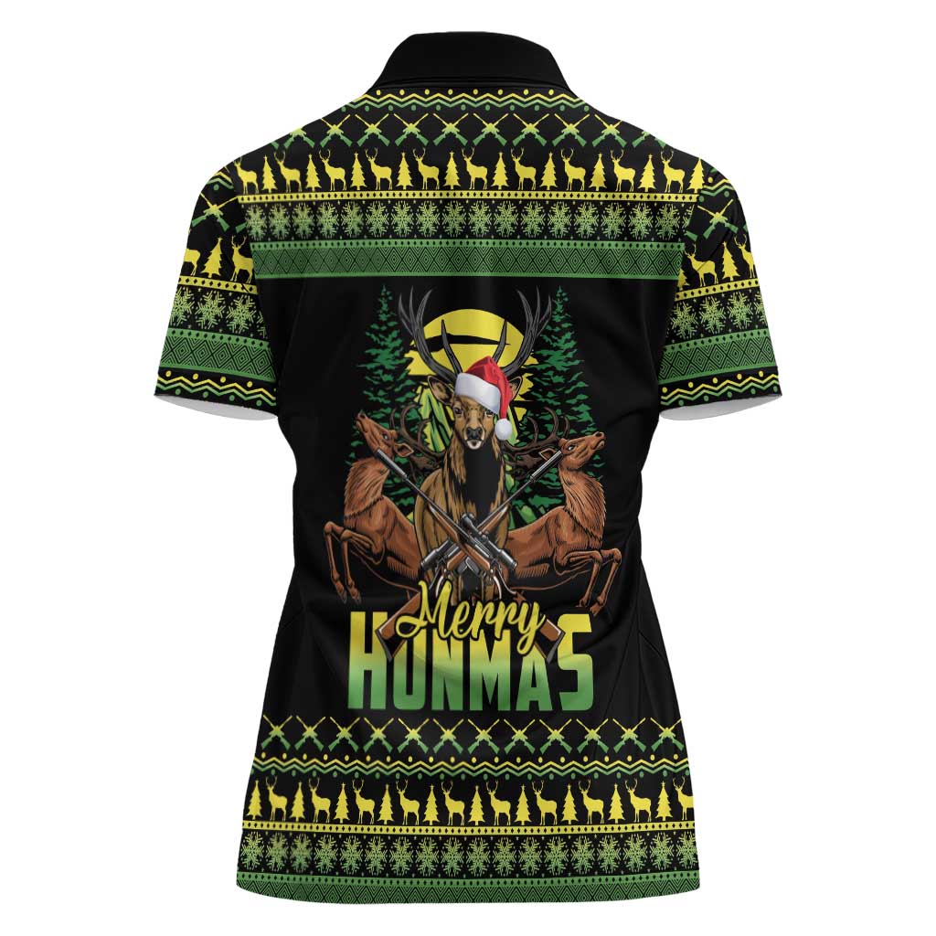 Merry Hunmas Women Polo Shirt Hunter Deer Santa Hat - Wonder Print Shop