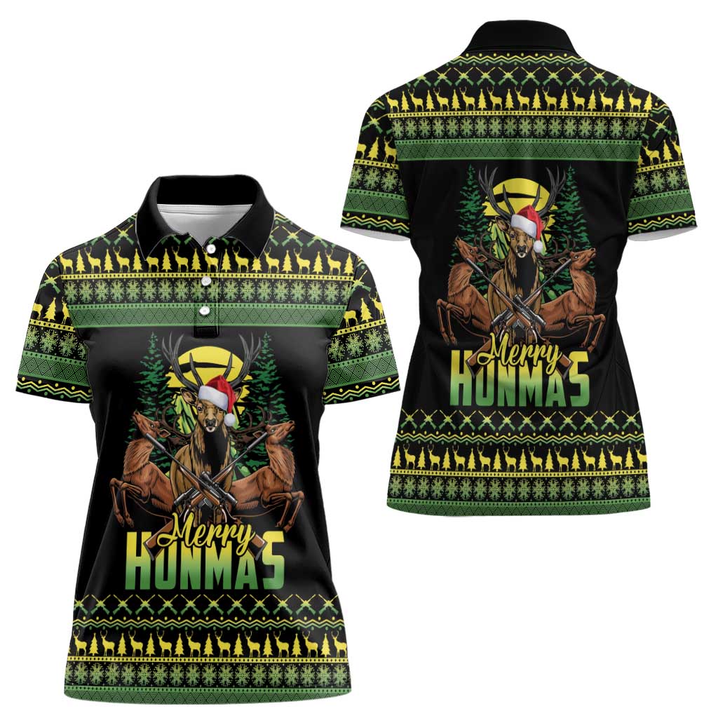 Merry Hunmas Women Polo Shirt Hunter Deer Santa Hat - Wonder Print Shop