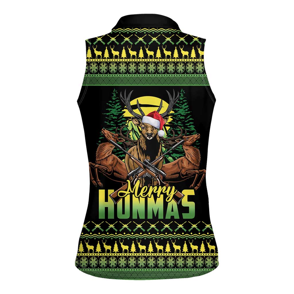 Merry Hunmas Women Sleeveless Polo Shirt Hunter Deer Santa Hat - Wonder Print Shop