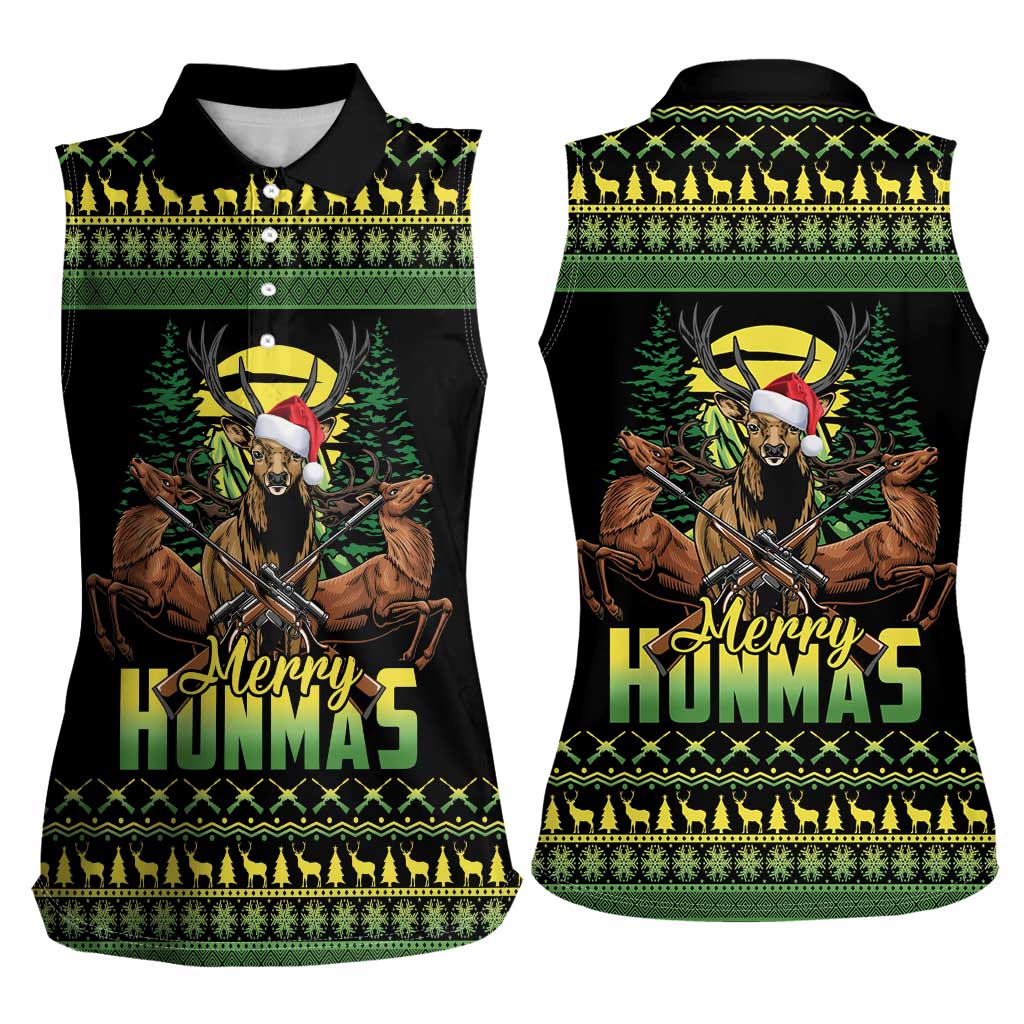 Merry Hunmas Women Sleeveless Polo Shirt Hunter Deer Santa Hat - Wonder Print Shop