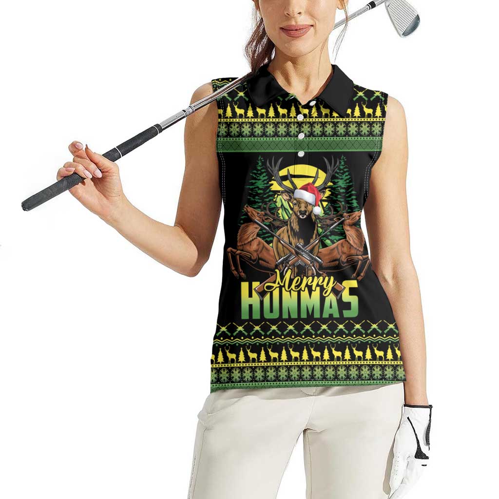 Merry Hunmas Women Sleeveless Polo Shirt Hunter Deer Santa Hat - Wonder Print Shop