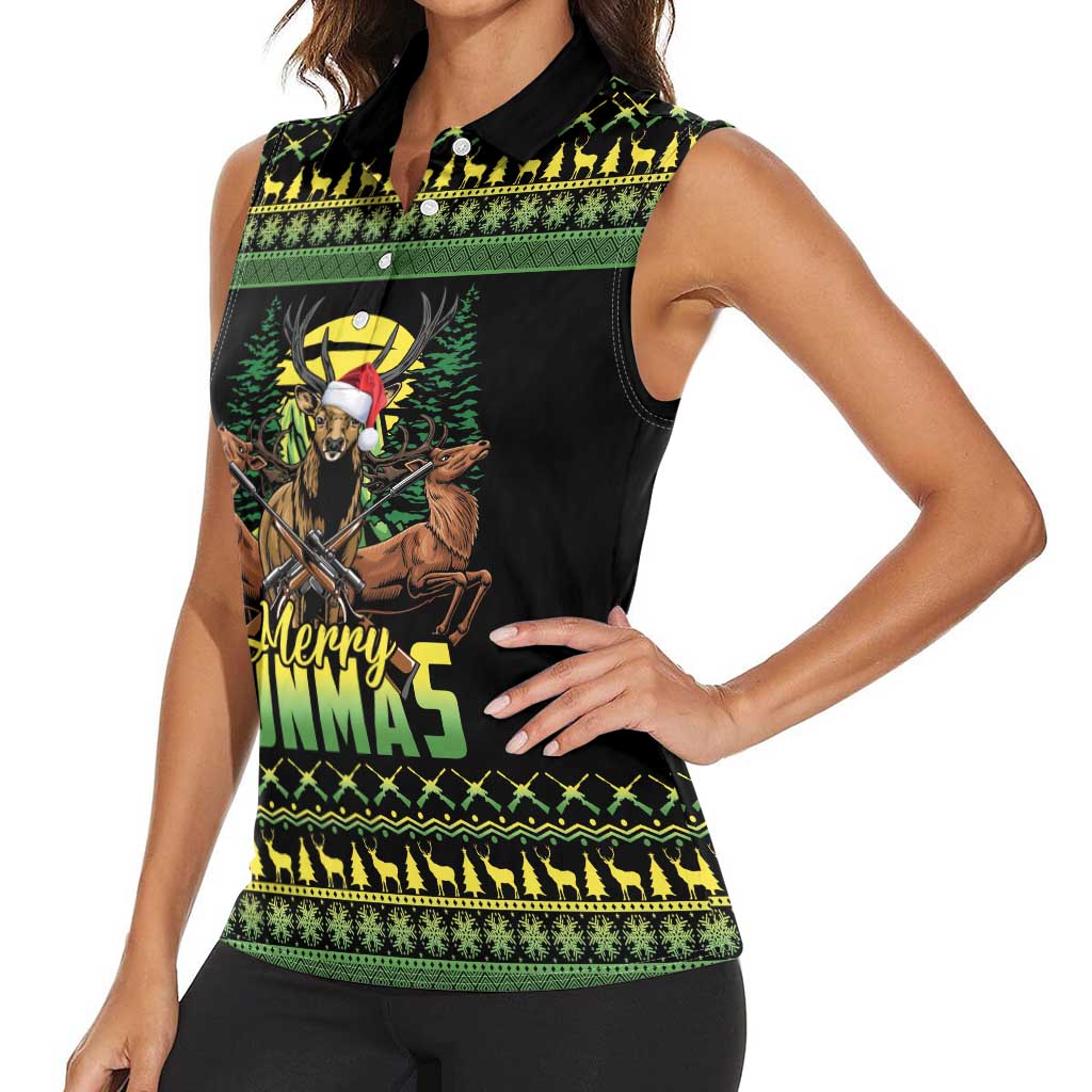 Merry Hunmas Women Sleeveless Polo Shirt Hunter Deer Santa Hat - Wonder Print Shop