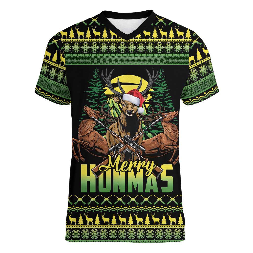 Merry Hunmas Women V-Neck T-Shirt Hunter Deer Santa Hat - Wonder Print Shop