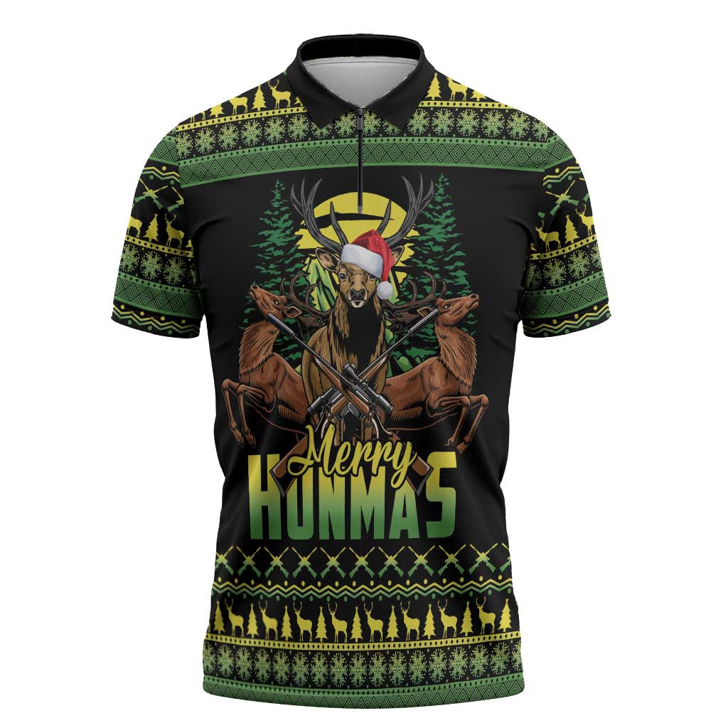 Merry Hunmas Zipper Polo Shirt Hunter Deer Santa Hat - Wonder Print Shop