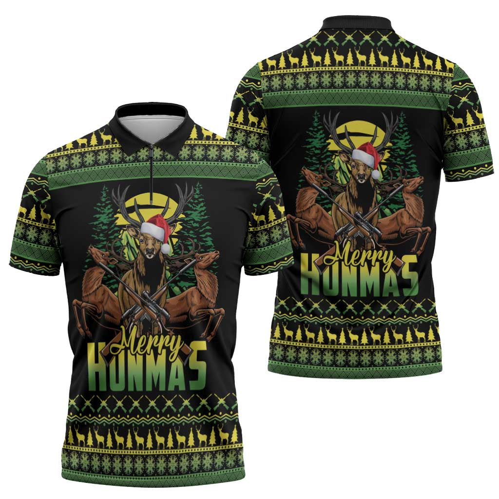 Merry Hunmas Zipper Polo Shirt Hunter Deer Santa Hat - Wonder Print Shop