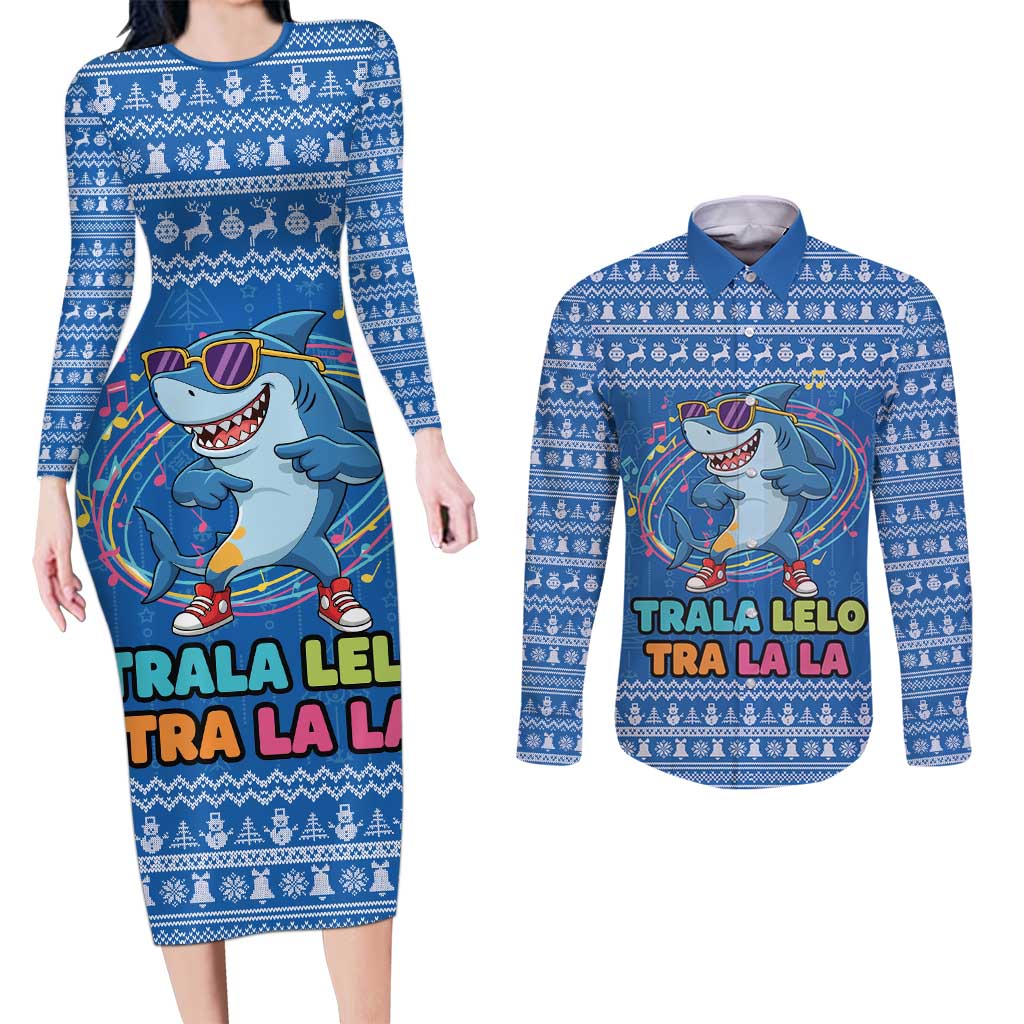 Brainrot Tralalero Tralala Shark Couples Matching Long Sleeve Bodycon Dress and Long Sleeve Button Shirt Christmas Funny - Wonder Print Shop