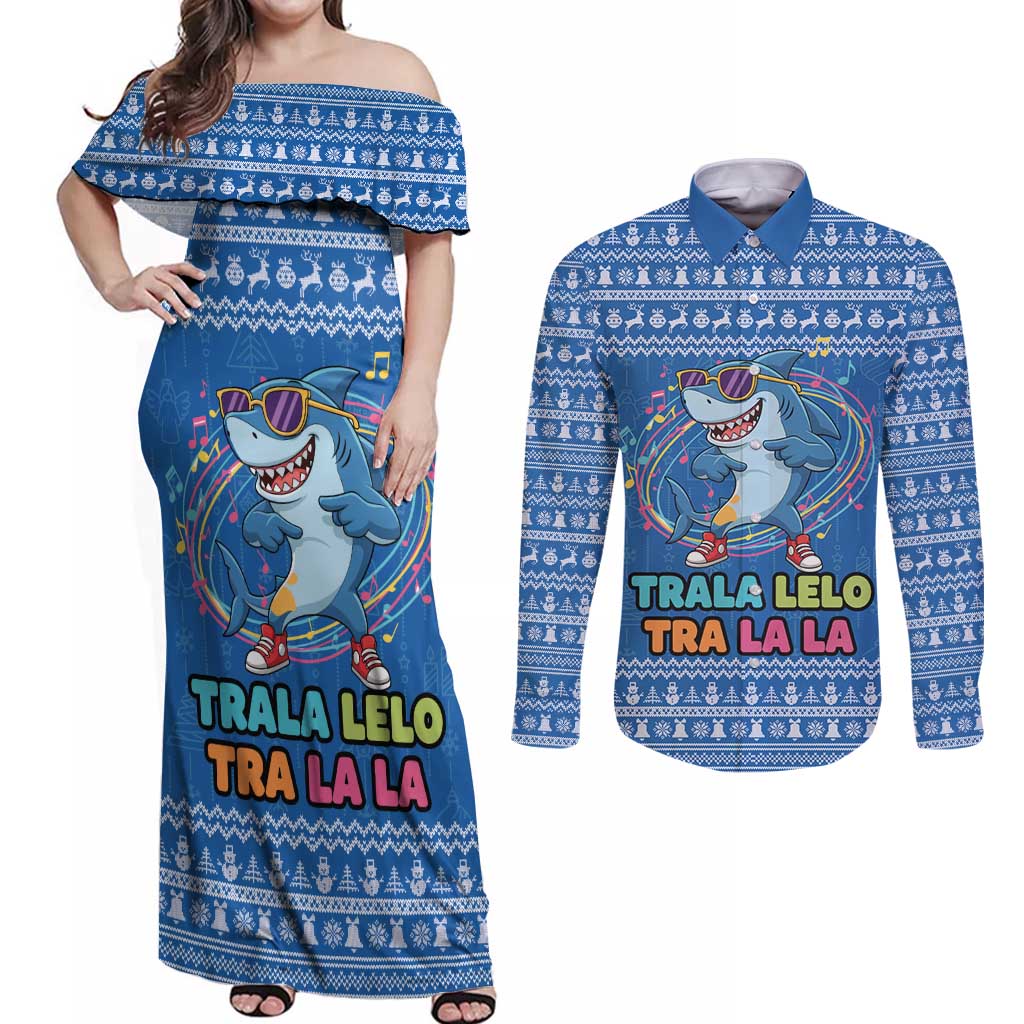 Brainrot Tralalero Tralala Shark Couples Matching Off Shoulder Maxi Dress and Long Sleeve Button Shirt Christmas Funny - Wonder Print Shop