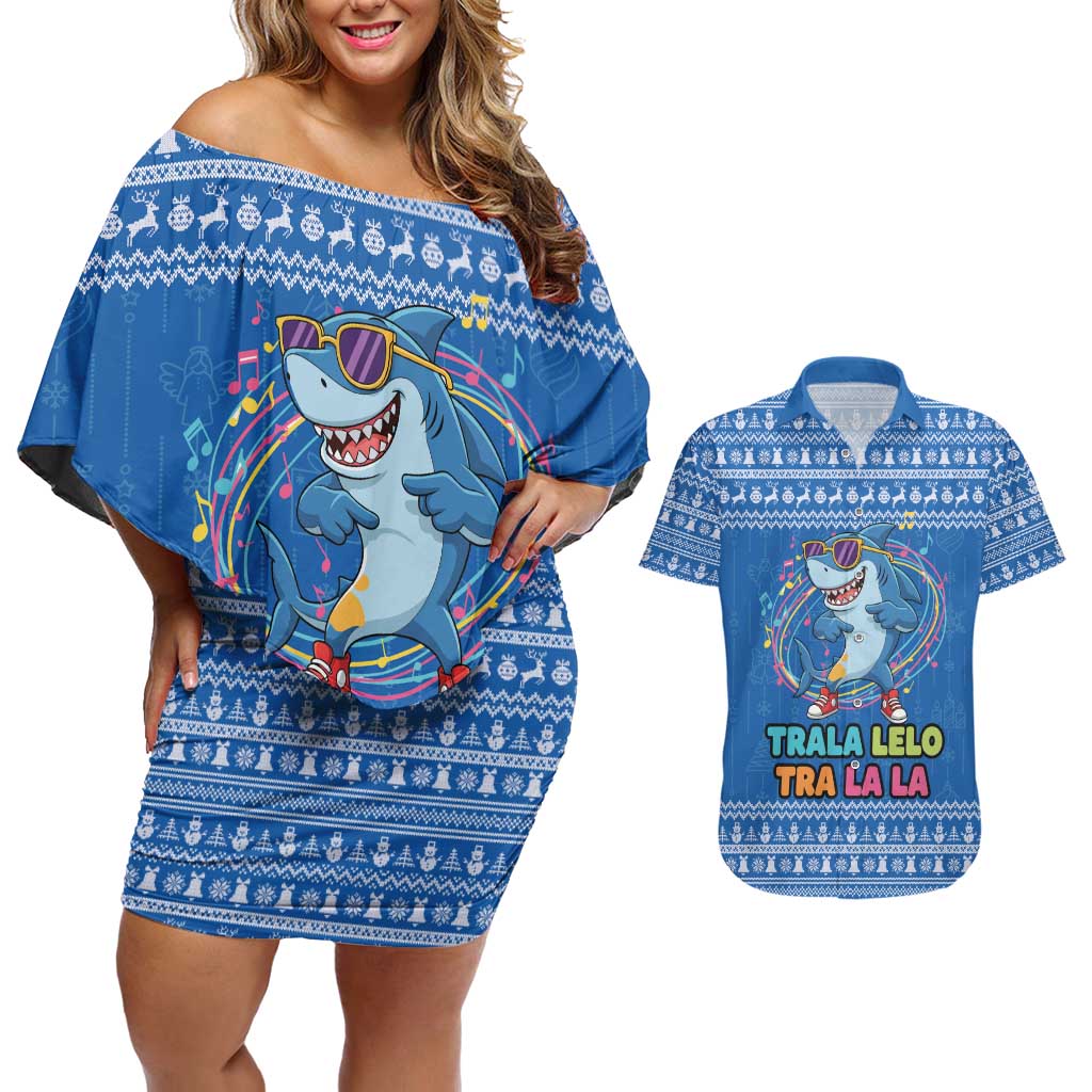 Brainrot Tralalero Tralala Shark Couples Matching Off Shoulder Short Dress and Hawaiian Shirt Christmas Funny - Wonder Print Shop