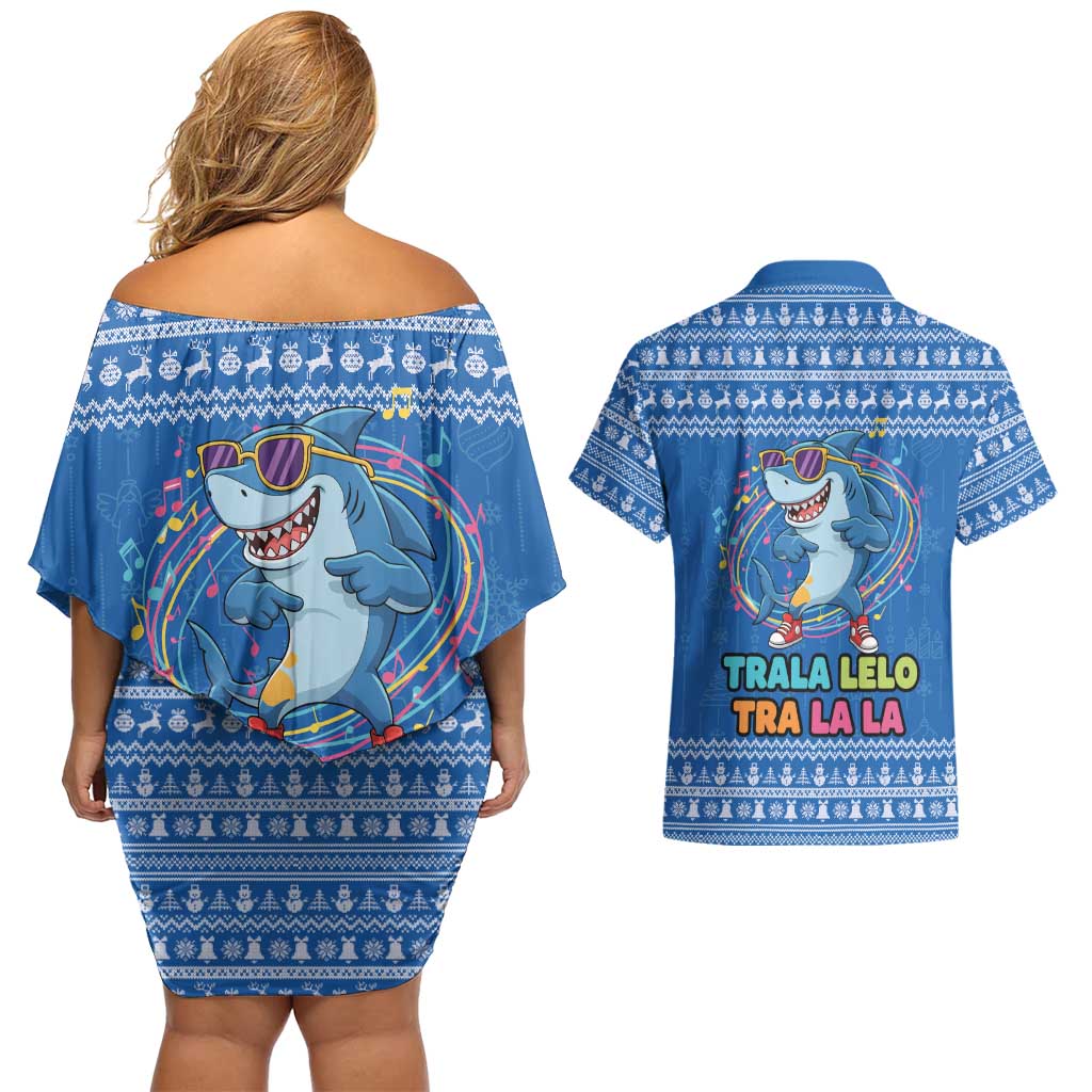 Brainrot Tralalero Tralala Shark Couples Matching Off Shoulder Short Dress and Hawaiian Shirt Christmas Funny - Wonder Print Shop