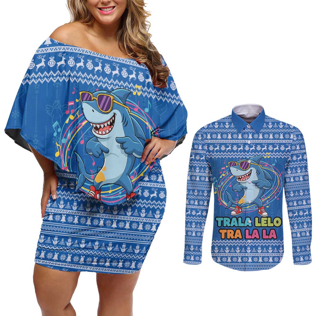 Brainrot Tralalero Tralala Shark Couples Matching Off Shoulder Short Dress and Long Sleeve Button Shirt Christmas Funny - Wonder Print Shop