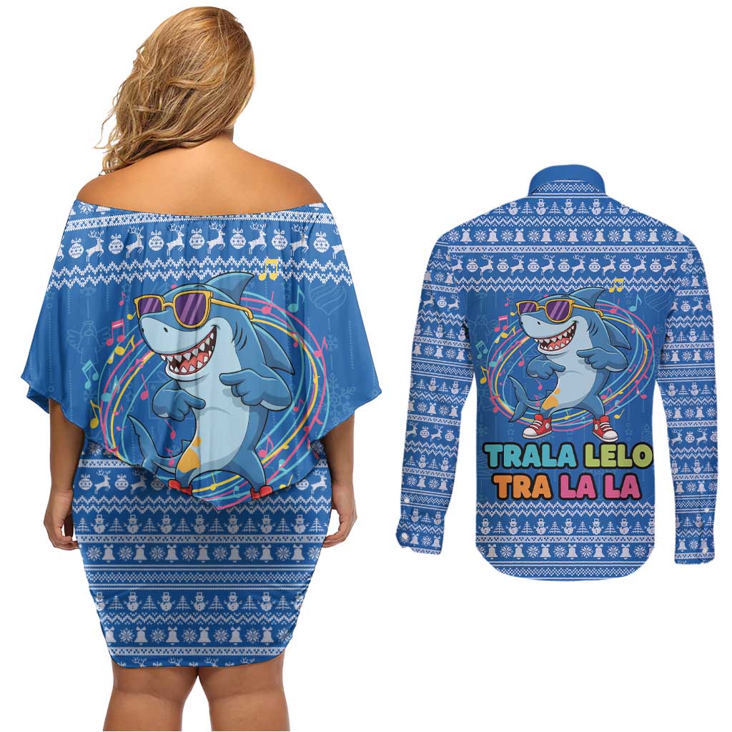 Brainrot Tralalero Tralala Shark Couples Matching Off Shoulder Short Dress and Long Sleeve Button Shirt Christmas Funny - Wonder Print Shop