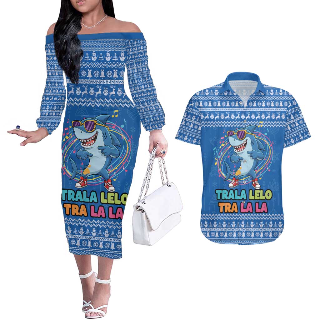 Brainrot Tralalero Tralala Shark Couples Matching Off The Shoulder Long Sleeve Dress and Hawaiian Shirt Christmas Funny - Wonder Print Shop