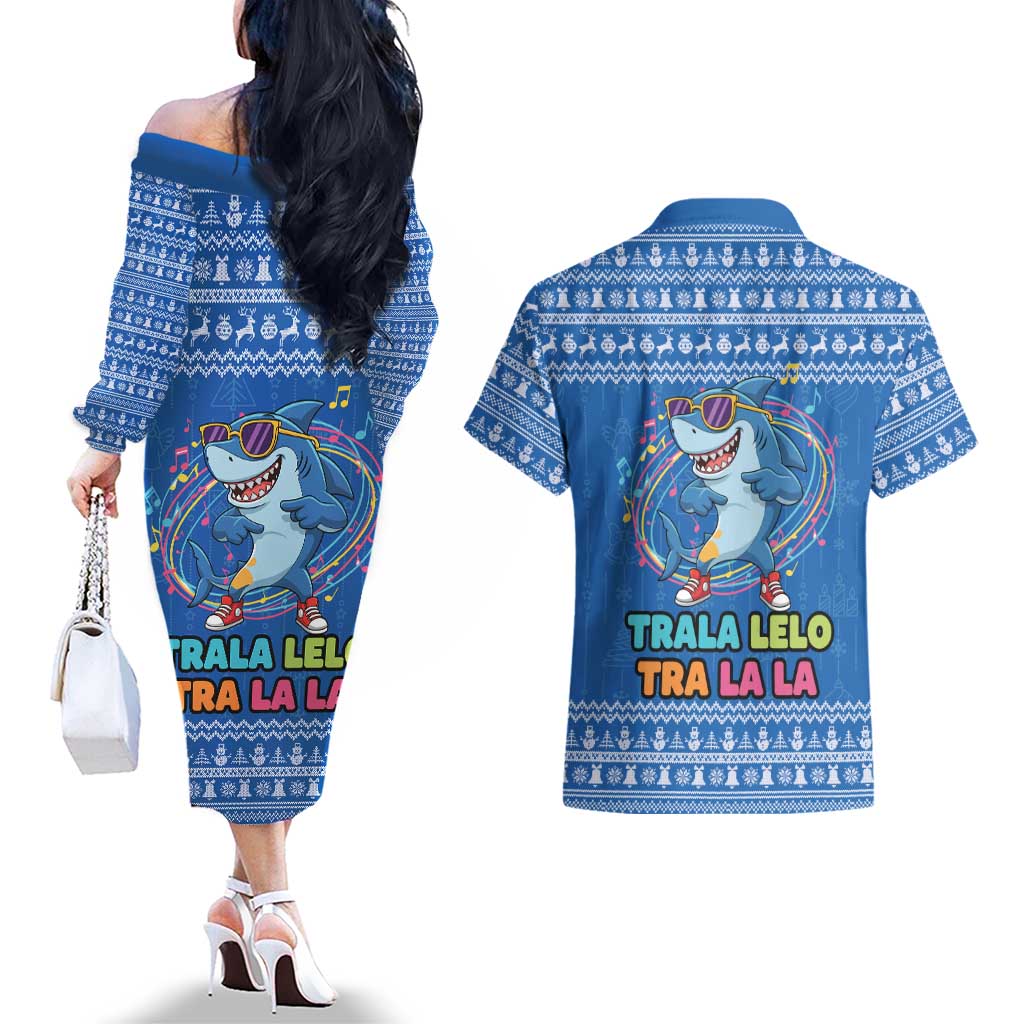 Brainrot Tralalero Tralala Shark Couples Matching Off The Shoulder Long Sleeve Dress and Hawaiian Shirt Christmas Funny - Wonder Print Shop