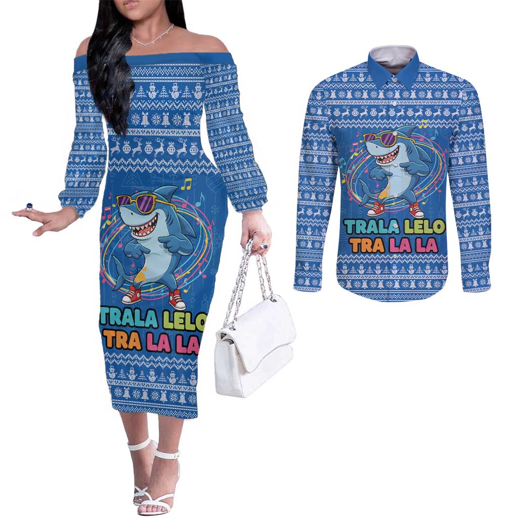 Brainrot Tralalero Tralala Shark Couples Matching Off The Shoulder Long Sleeve Dress and Long Sleeve Button Shirt Christmas Funny - Wonder Print Shop