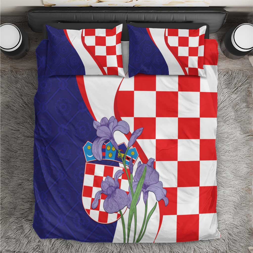 Croatia Hrvatska Checkerboard Bedding Set Coat Of Arms With Iris Croatica