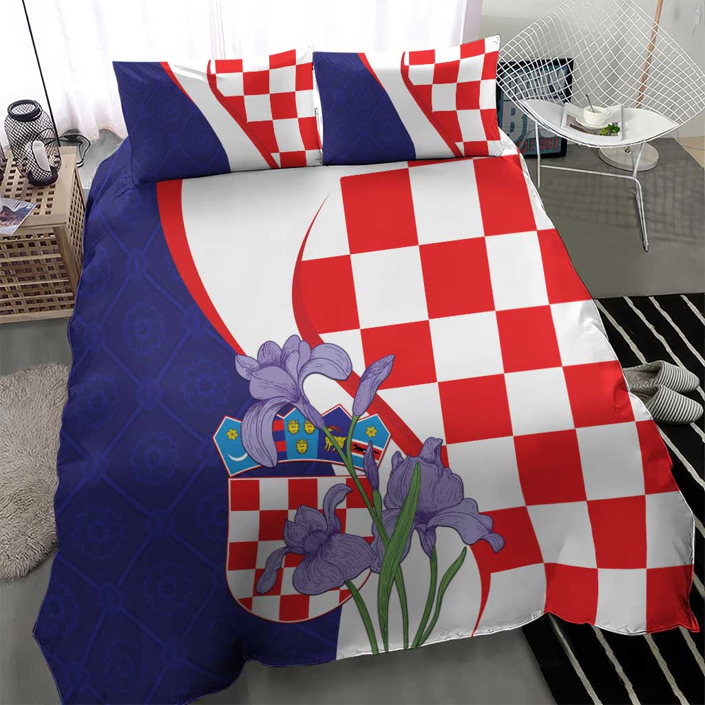 Croatia Hrvatska Checkerboard Bedding Set Coat Of Arms With Iris Croatica