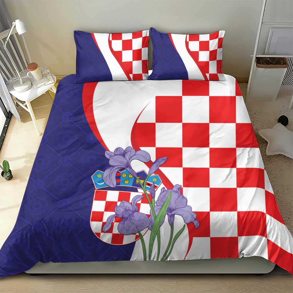 Croatia Hrvatska Checkerboard Bedding Set Coat Of Arms With Iris Croatica