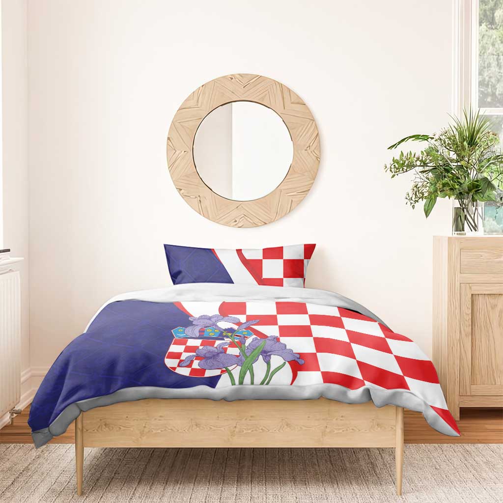 Croatia Hrvatska Checkerboard Bedding Set Coat Of Arms With Iris Croatica