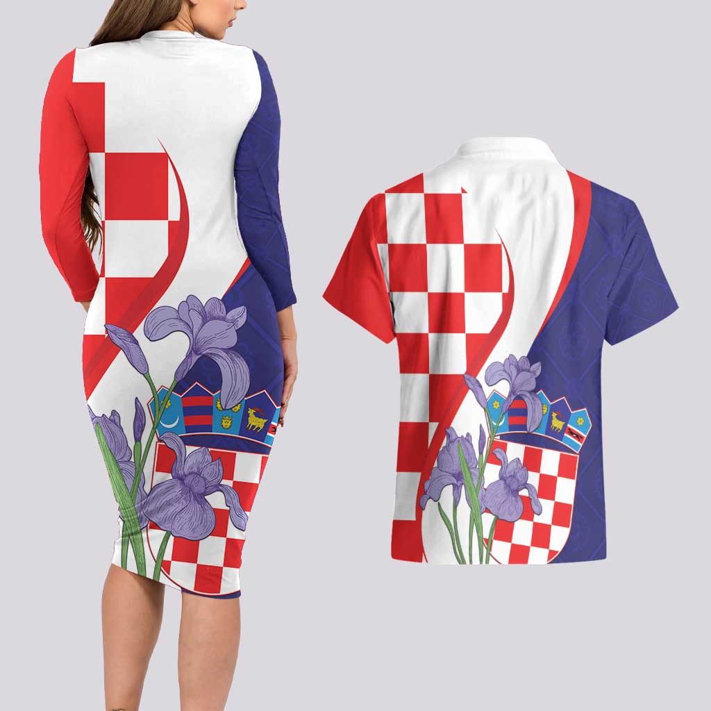 Croatia Hrvatska Checkerboard Couples Matching Long Sleeve Bodycon Dress and Hawaiian Shirt Coat Of Arms With Iris Croatica