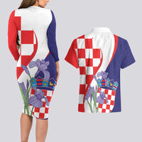 Croatia Hrvatska Checkerboard Couples Matching Long Sleeve Bodycon Dress and Hawaiian Shirt Coat Of Arms With Iris Croatica