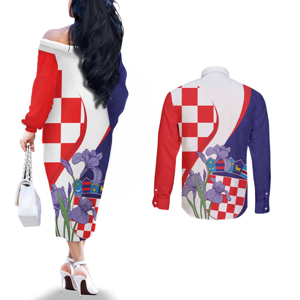 Croatia Hrvatska Checkerboard Couples Matching Off The Shoulder Long Sleeve Dress and Long Sleeve Button Shirt Coat Of Arms With Iris Croatica