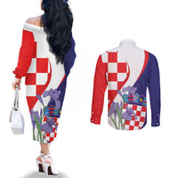 Croatia Hrvatska Checkerboard Couples Matching Off The Shoulder Long Sleeve Dress and Long Sleeve Button Shirt Coat Of Arms With Iris Croatica