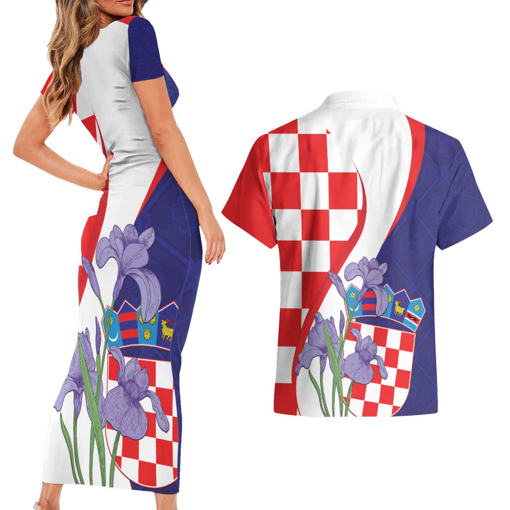 Croatia Hrvatska Checkerboard Couples Matching Short Sleeve Bodycon Dress and Hawaiian Shirt Coat Of Arms With Iris Croatica