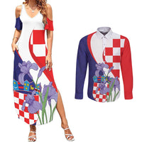 Croatia Hrvatska Checkerboard Couples Matching Summer Maxi Dress and Long Sleeve Button Shirt Coat Of Arms With Iris Croatica