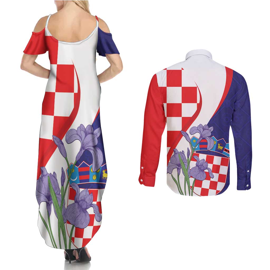 Croatia Hrvatska Checkerboard Couples Matching Summer Maxi Dress and Long Sleeve Button Shirt Coat Of Arms With Iris Croatica