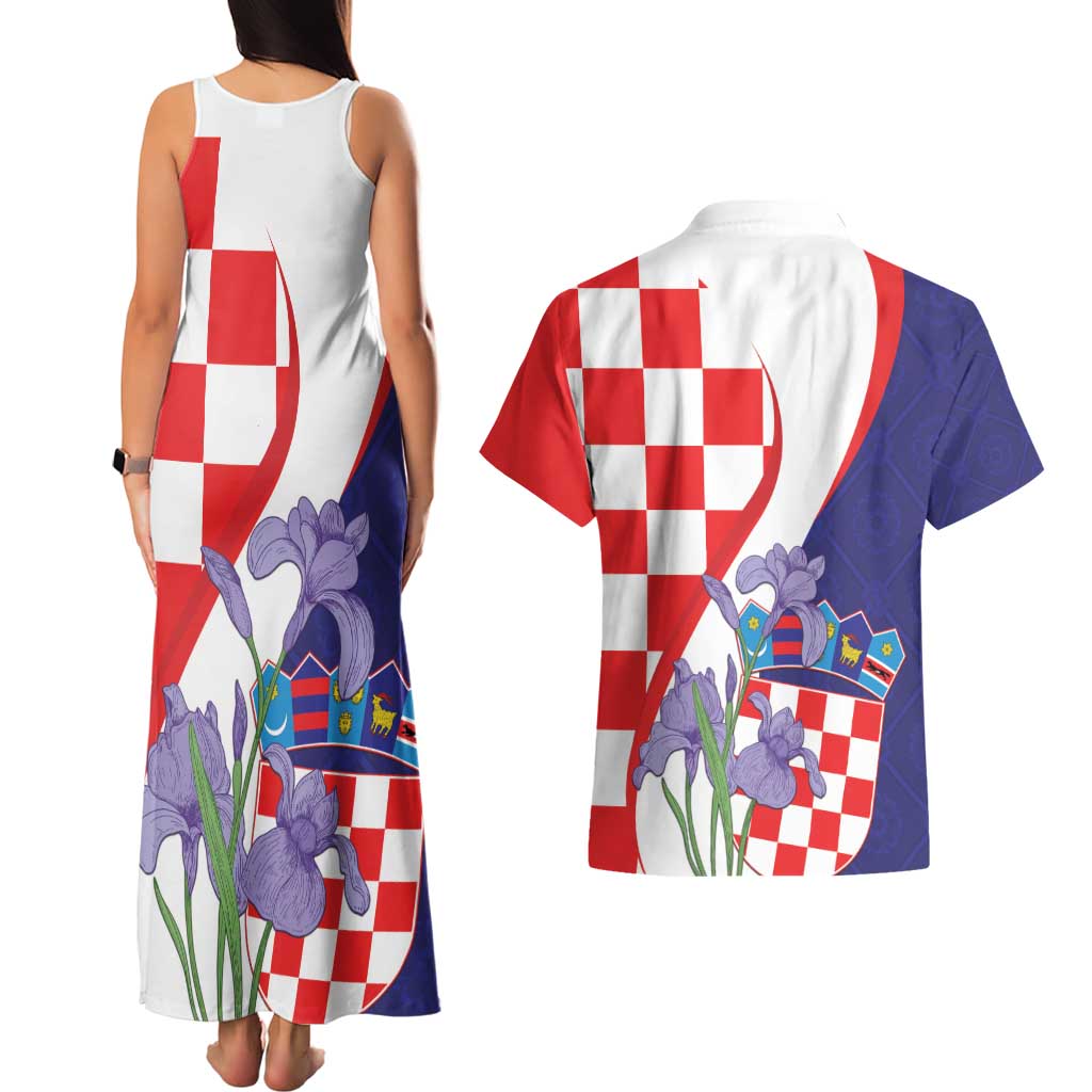 Croatia Hrvatska Checkerboard Couples Matching Tank Maxi Dress and Hawaiian Shirt Coat Of Arms With Iris Croatica