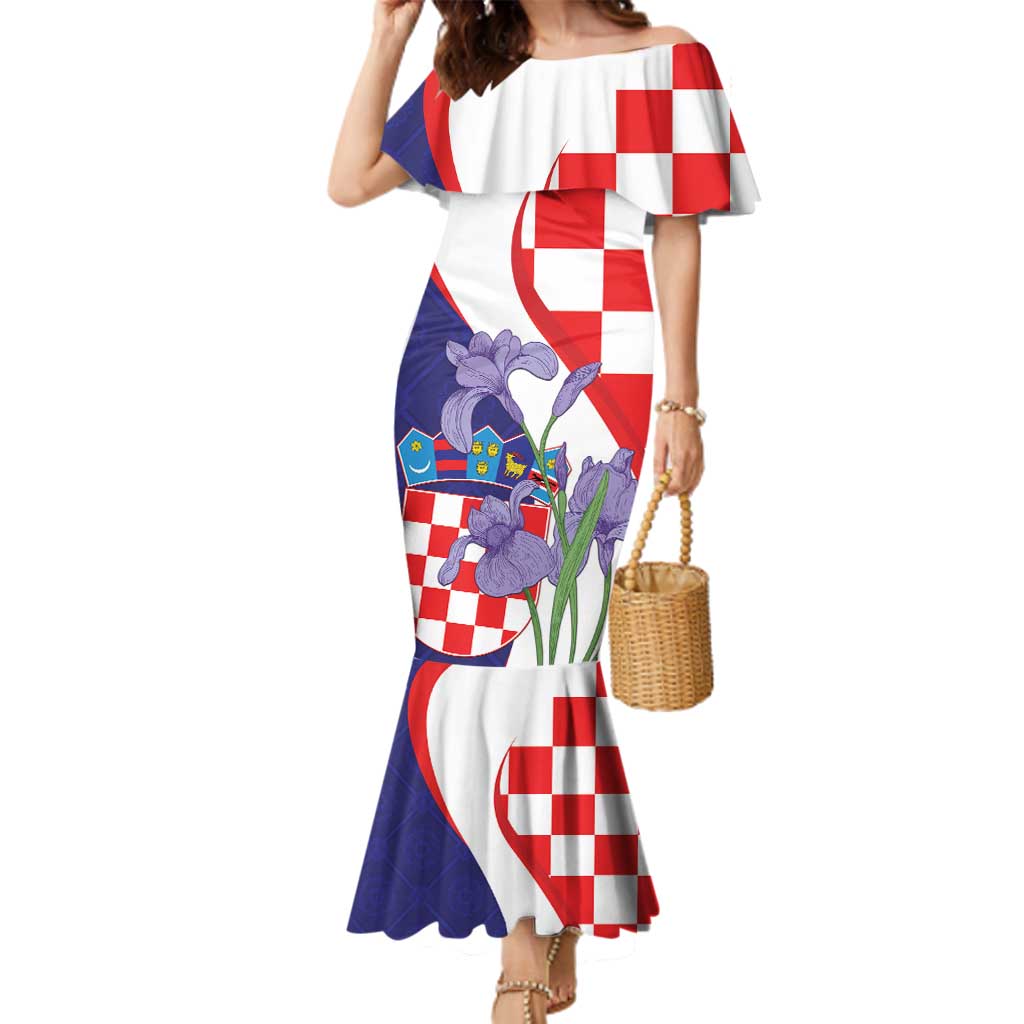 Croatia Hrvatska Checkerboard Family Matching Mermaid Dress and Hawaiian Shirt Coat Of Arms With Iris Croatica