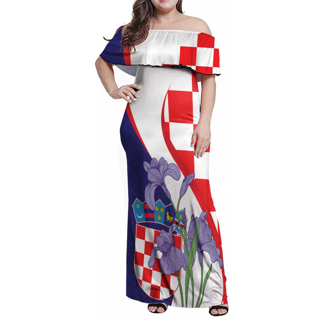 Croatia Hrvatska Checkerboard Family Matching Off Shoulder Maxi Dress and Hawaiian Shirt Coat Of Arms With Iris Croatica