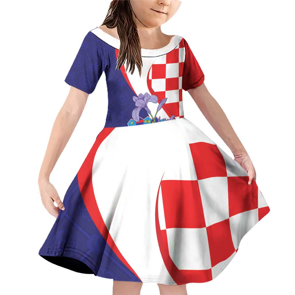 Croatia Hrvatska Checkerboard Family Matching Off Shoulder Short Dress and Hawaiian Shirt Coat Of Arms With Iris Croatica
