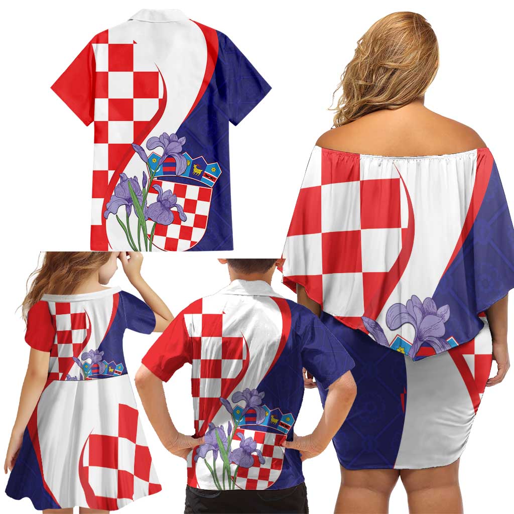 Croatia Hrvatska Checkerboard Family Matching Off Shoulder Short Dress and Hawaiian Shirt Coat Of Arms With Iris Croatica
