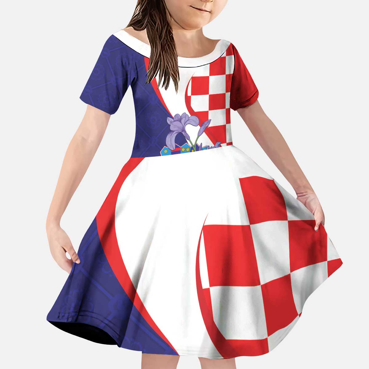 Croatia Hrvatska Checkerboard Kid Short Sleeve Dress Coat Of Arms With Iris Croatica