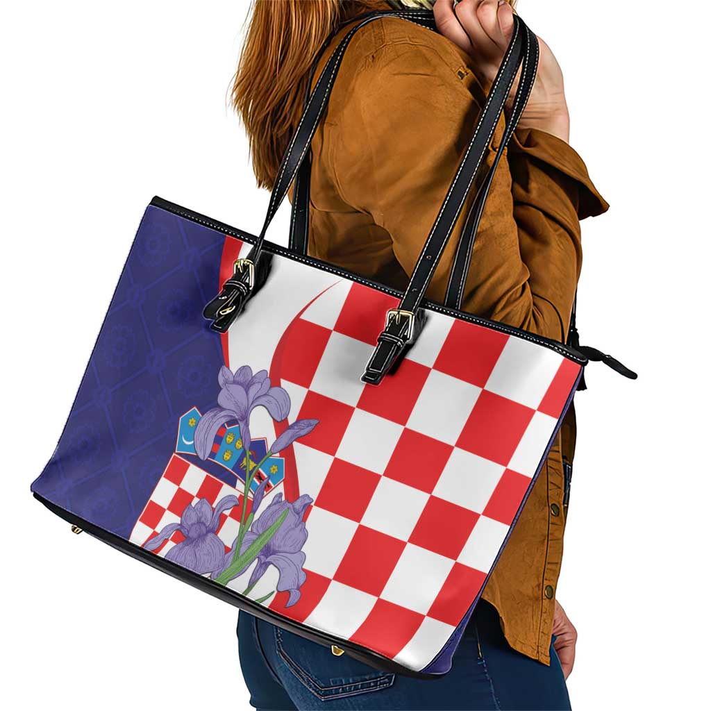 Croatia Hrvatska Checkerboard Leather Tote Bag Coat Of Arms With Iris Croatica