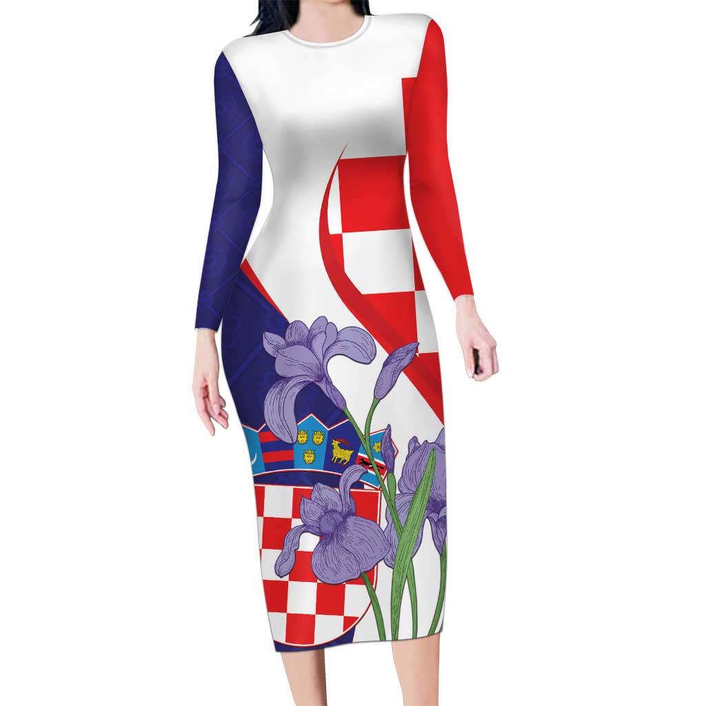 Croatia Hrvatska Checkerboard Long Sleeve Bodycon Dress Coat Of Arms With Iris Croatica