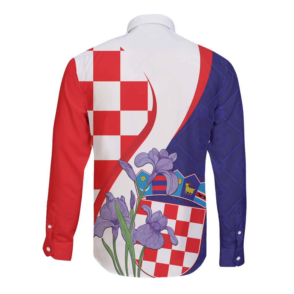 Croatia Hrvatska Checkerboard Long Sleeve Button Shirt Coat Of Arms With Iris Croatica