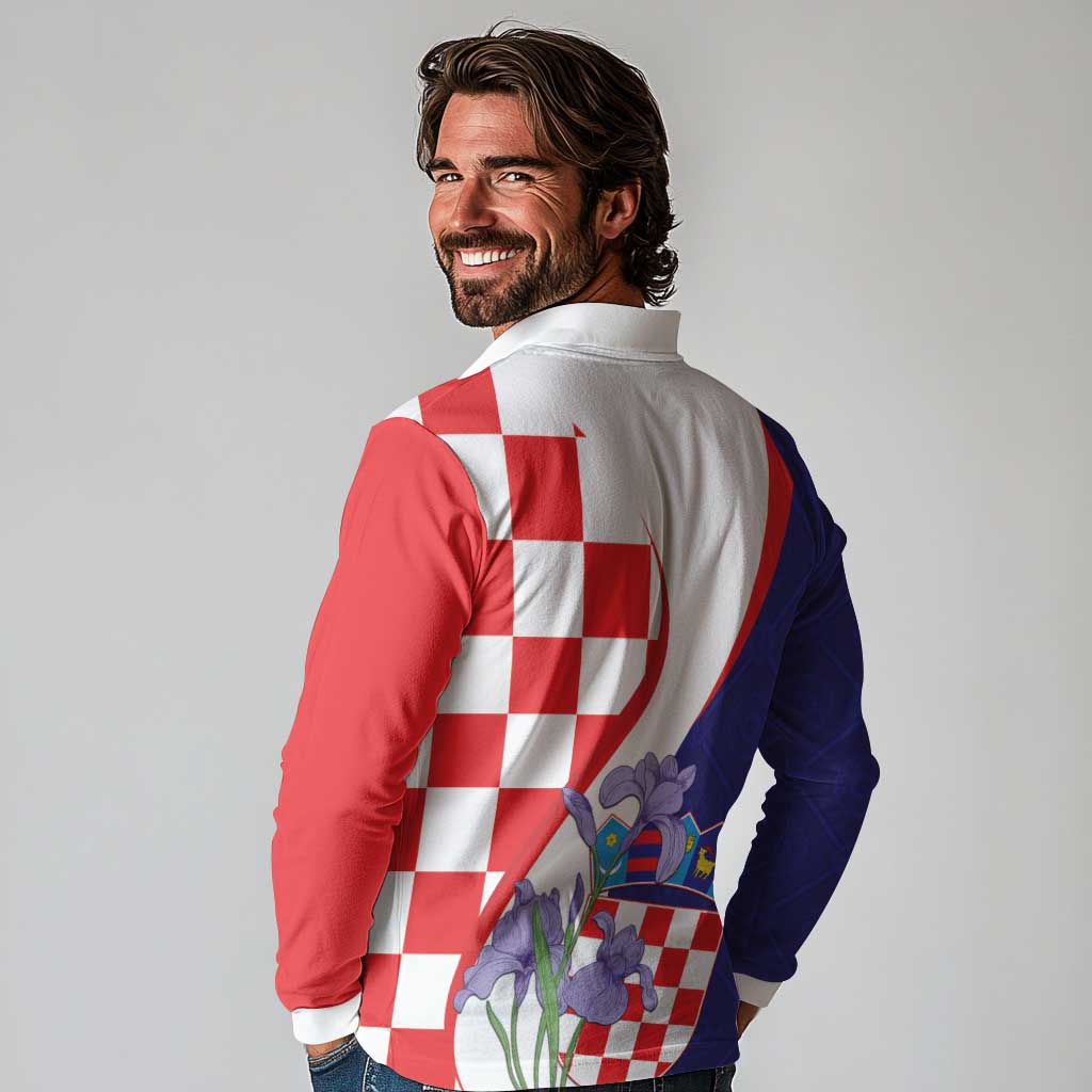 Croatia Hrvatska Checkerboard Long Sleeve Polo Shirt Coat Of Arms With Iris Croatica