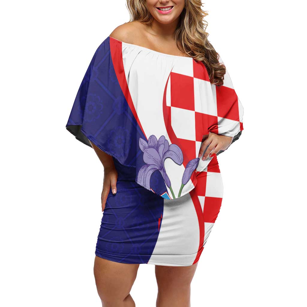 Croatia Hrvatska Checkerboard Off Shoulder Short Dress Coat Of Arms With Iris Croatica