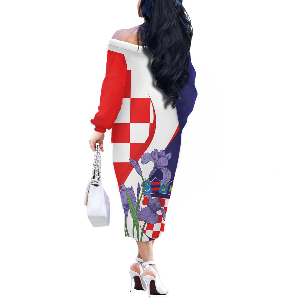 Croatia Hrvatska Checkerboard Off The Shoulder Long Sleeve Dress Coat Of Arms With Iris Croatica