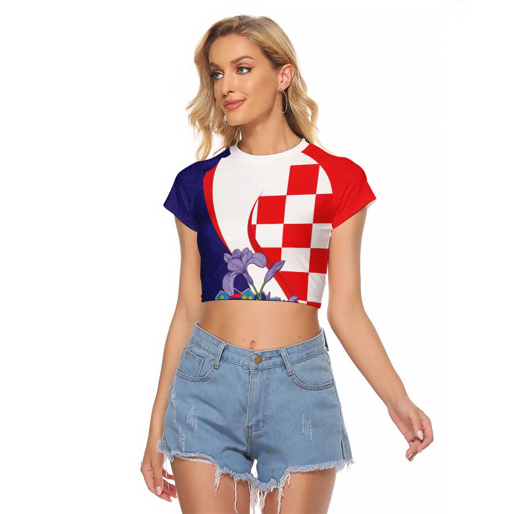 Croatia Hrvatska Checkerboard Raglan Cropped T Shirt Coat Of Arms With Iris Croatica
